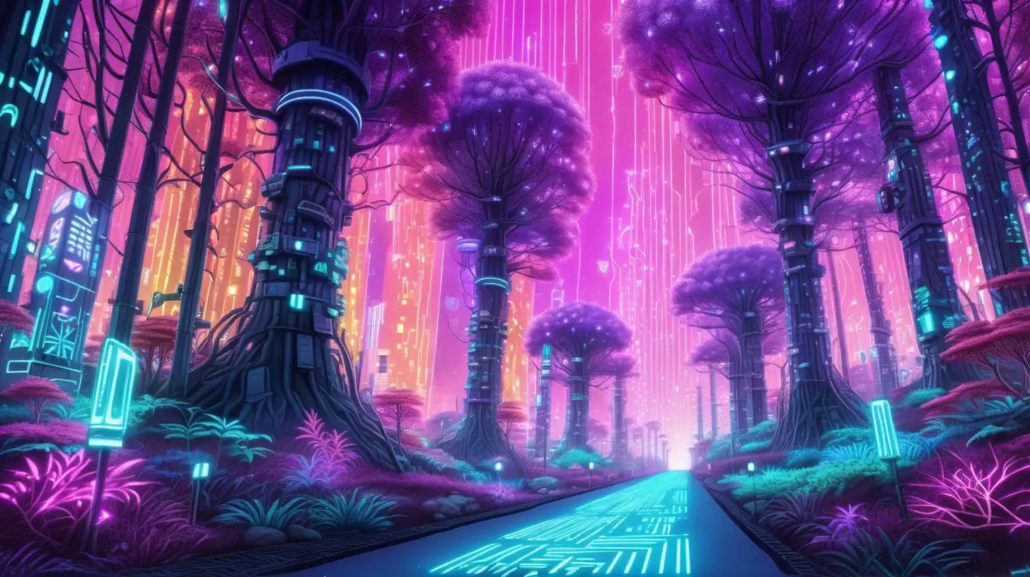 in cartoon, anime style, an image of a colorful cyberpunk forest with a long path made of pixels and code, a beautiful, digital wonderland