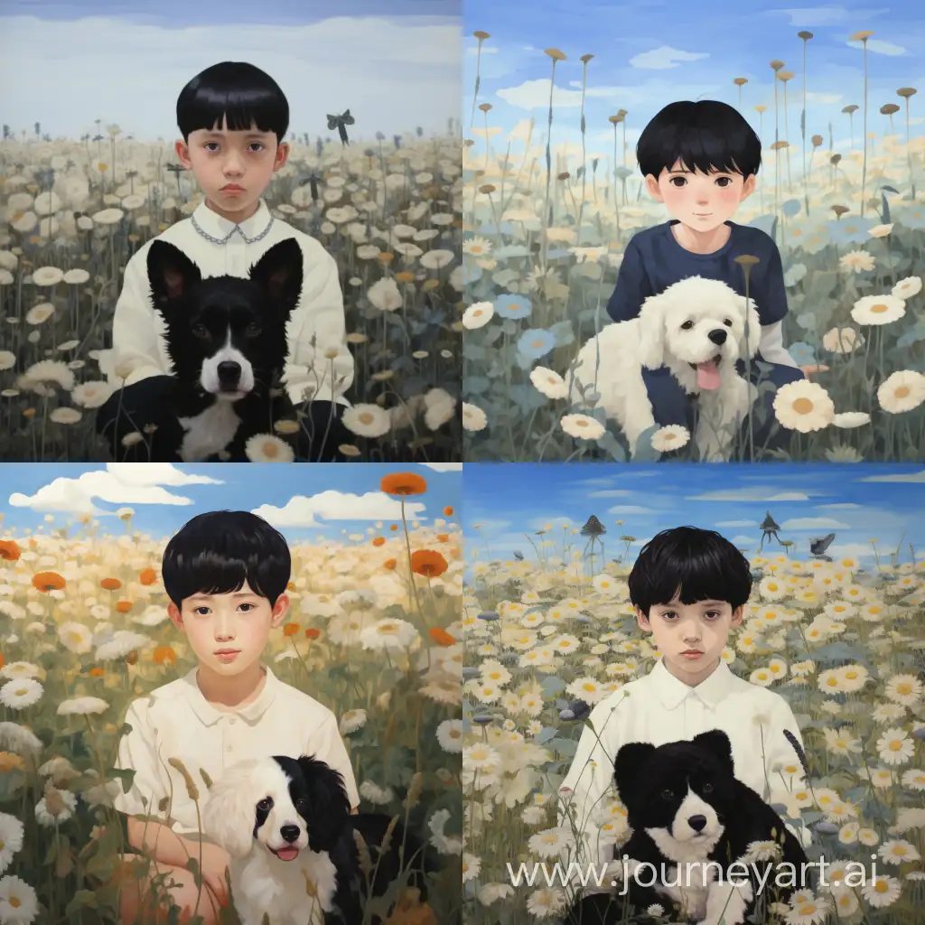 Маленький мальчик с черными волосами сидит на поле с цветами, рядом с ним белая собака 