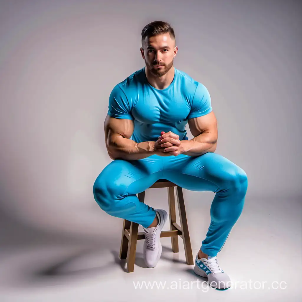 Мускулистый парень в синих брюках сидит на стуле