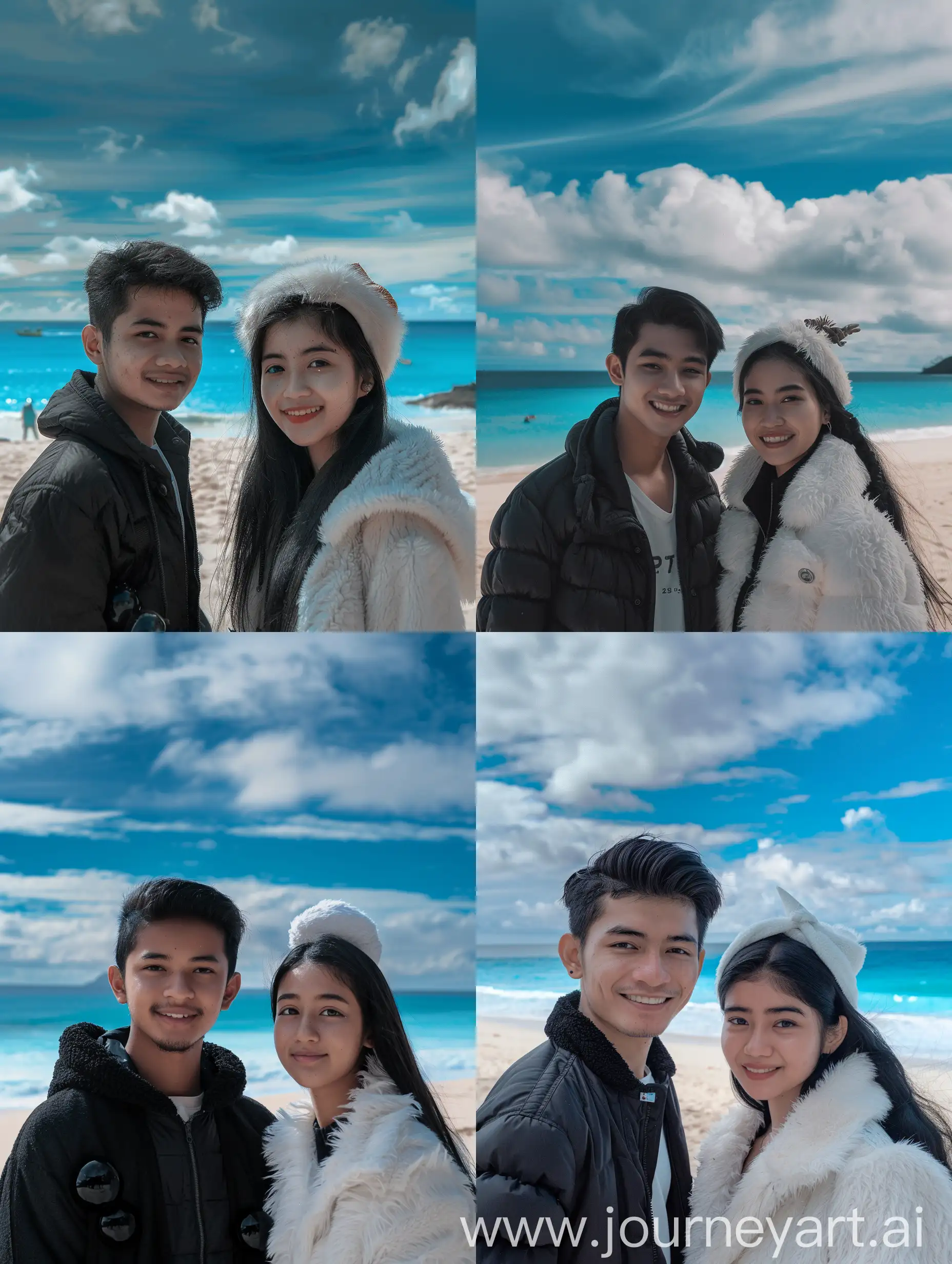 Indonesian-Couple-Smiling-on-Beach-with-Blue-Sea-Background