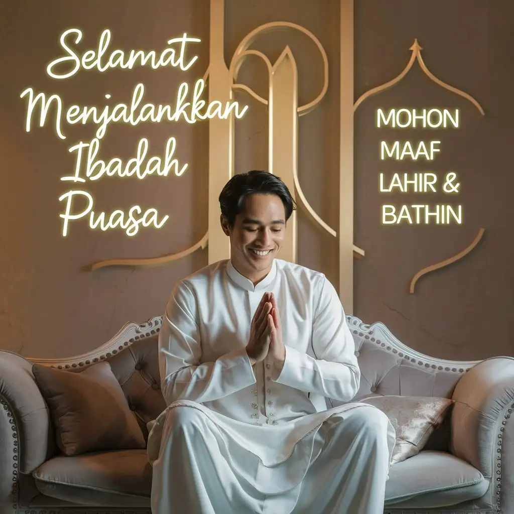 Take an Indonesian studio photo, a handsome 30 year old man, slightly thin, wearing Muslim clothing, posing while praying with a smile, sitting on a luxurious soft sofa. On the wall there are large neon writings "SELAMAT MENJALANKAN IBADAH PUASA" "Mohon Maaf Lahir & Bathin" in light gold font.