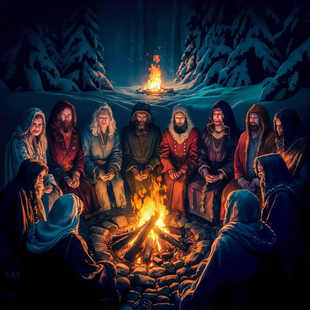 Twelve druids in different clothes are sitting around a campfire in winter