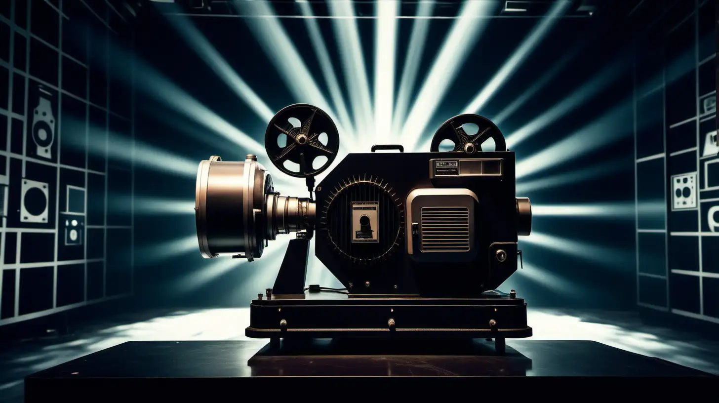 A power generator that also appears to look like a film projector, muscular, company logo, professional, intense, dramatic, inside a projection booth background, more of a logo