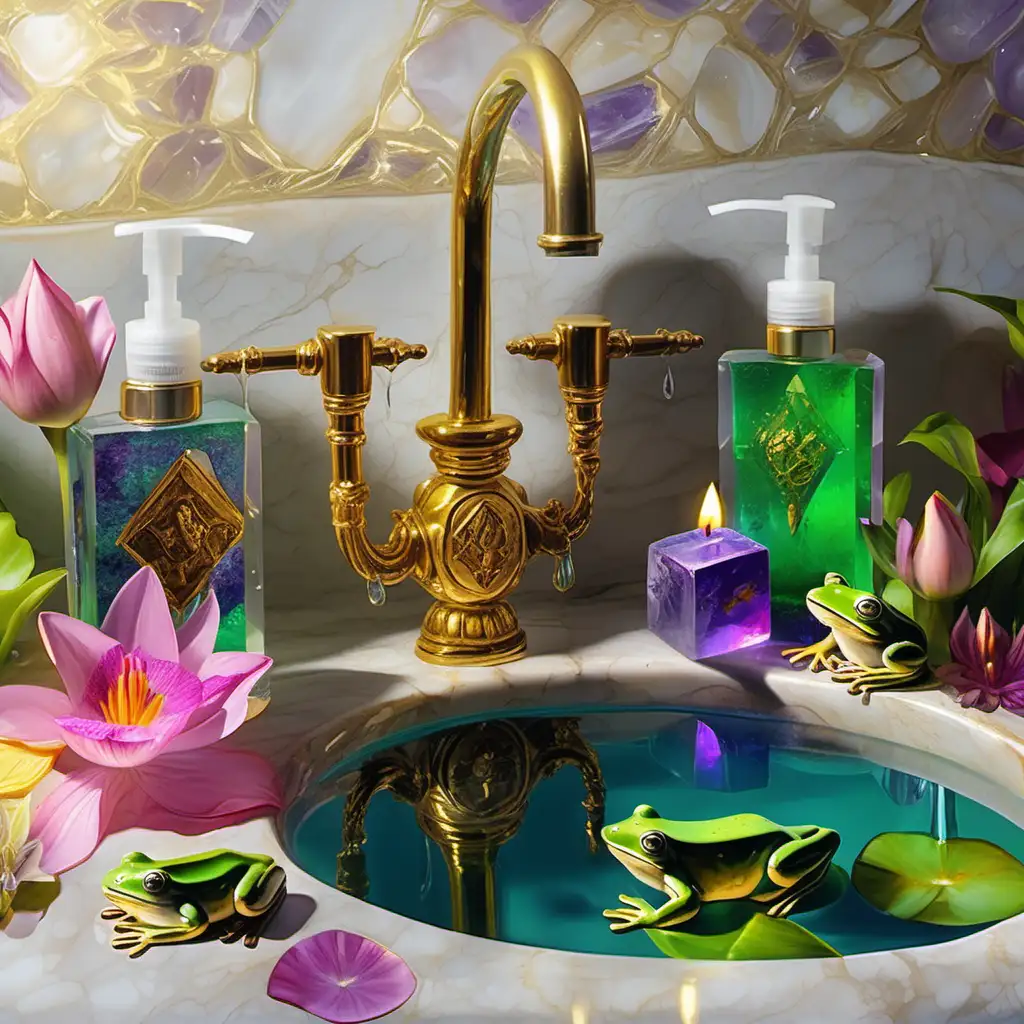 Renaissance painting with 2 Billionaire frogs swimming in the pond sink fountain of youth, dripping gold liquid abundance. Crystal hand soap on the side with green neon purple soap. cubes, purple perfect crystal cubes, crystal lily pads, and lotus flowers and flower cubes. Sun ray glares