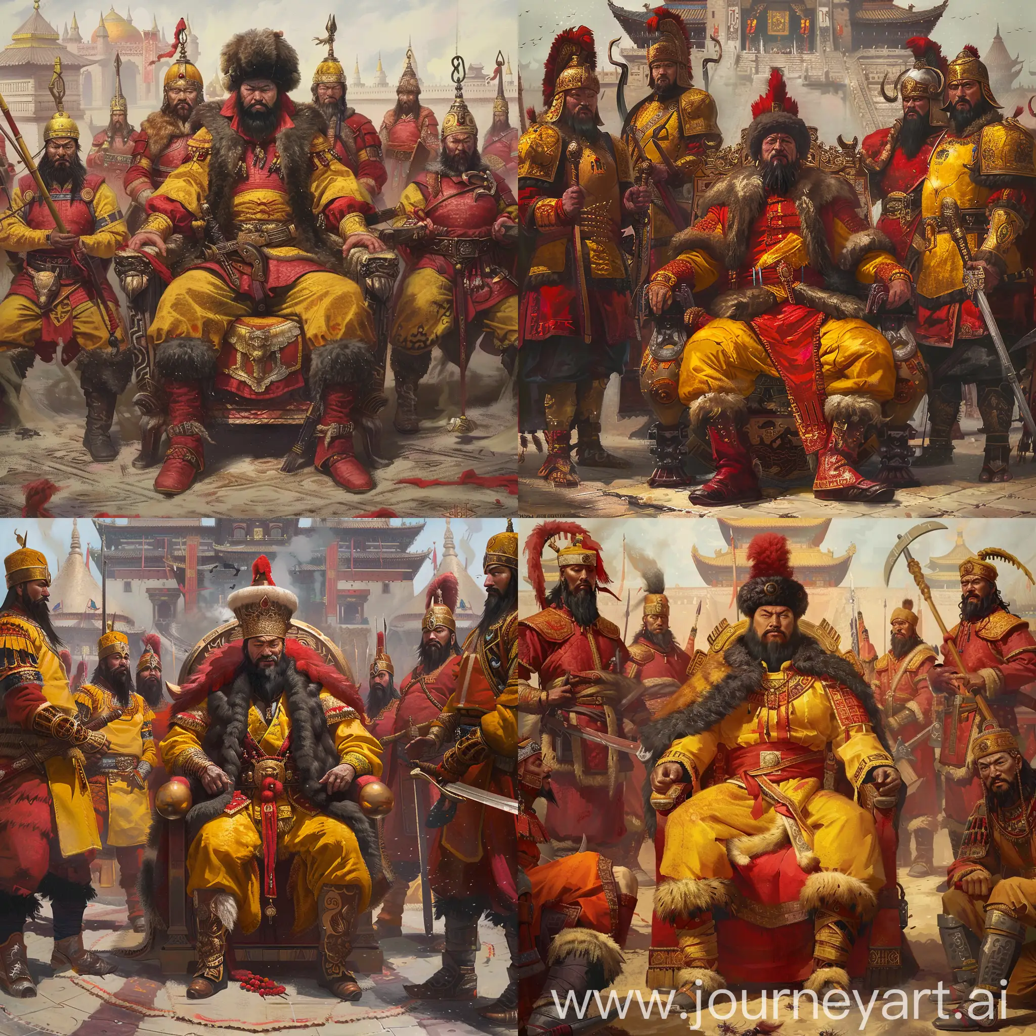 Painting mode:

a middle-aged medieval Mongol Khan is sitting on his imperial throne in the middle, he has black Mongol style beard, red-yellow Mongol Khan imperial fur hat and fur costume, with boots,

other Mongol bodyguards and warriors are in red and yellow color Mongol armor, they hold curved swords or spears in hands, they have Mongol helmets and black beard, they stand around the khan, with boots,

they are all before an Mongol palace, other Mongol temples as background,