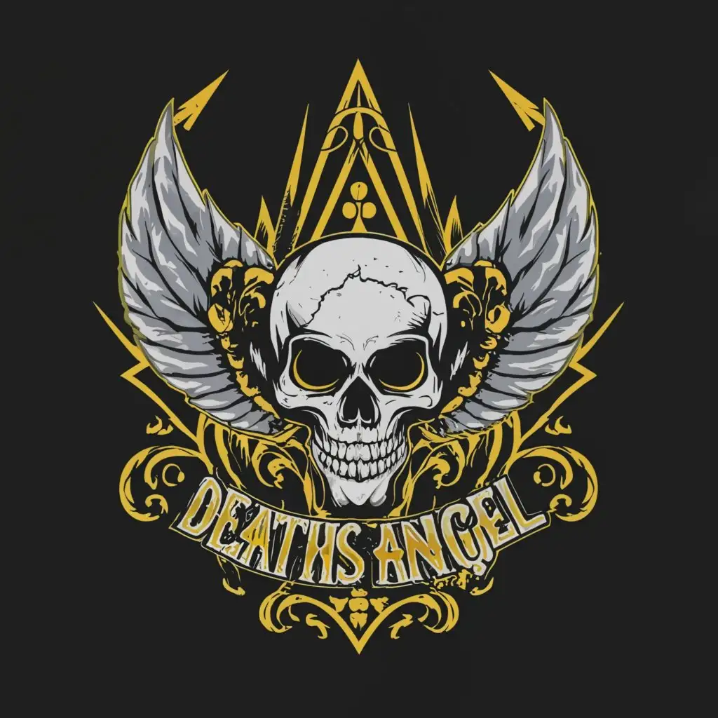 a logo design,with the text "deathsangelgaming", main symbol:skull with wings around it,complex,clear background
