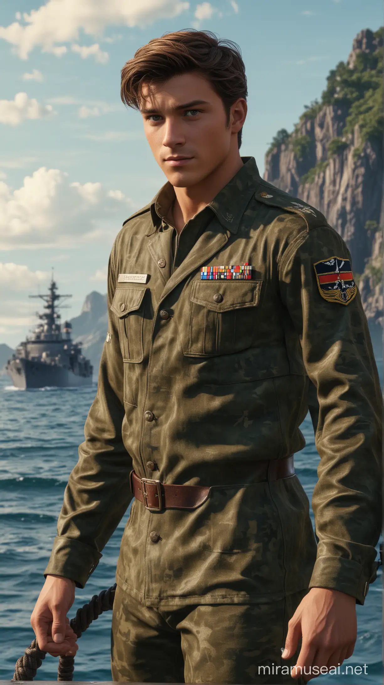 in a sea natural background  military there are disney prince Flynn is Germany 21-year-old with long brown dark hair and brown and muscled and
military camouflage uniform of the navy an face beautiful 8k re solution ultra-realistic
