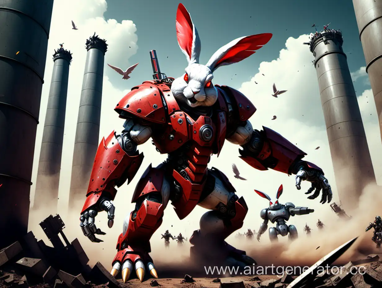 Огромный кролик гигачад с красными глазами делает себе робо-костюм из 4 сломаных танков на фоне битвы огромного попугая и живой огромной колонки и в этот момент кролик включает огромную колонку чтоб всё сломатьфу нахер
