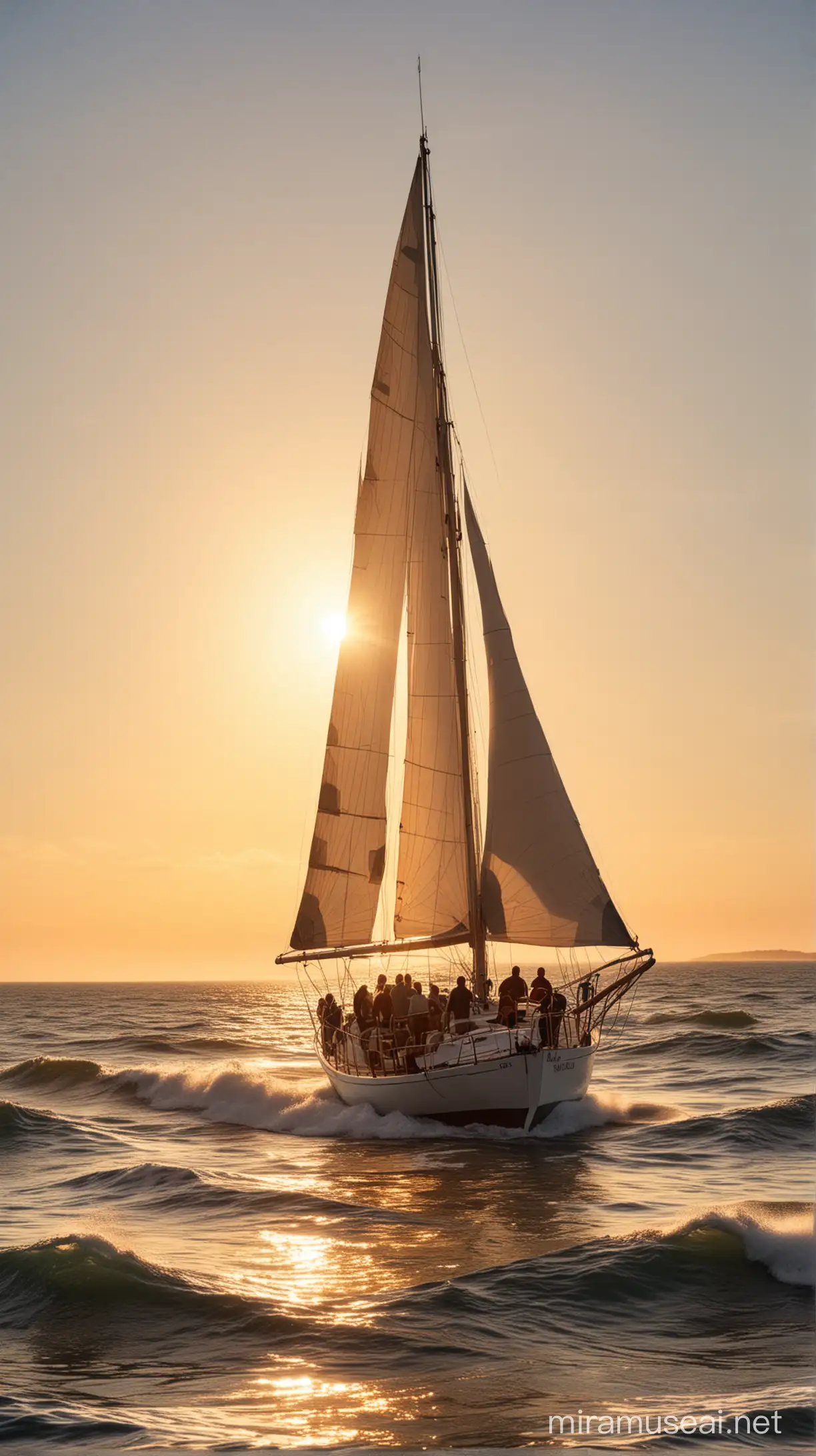 Sailboat at Dawn with Open Sails and People Aboard