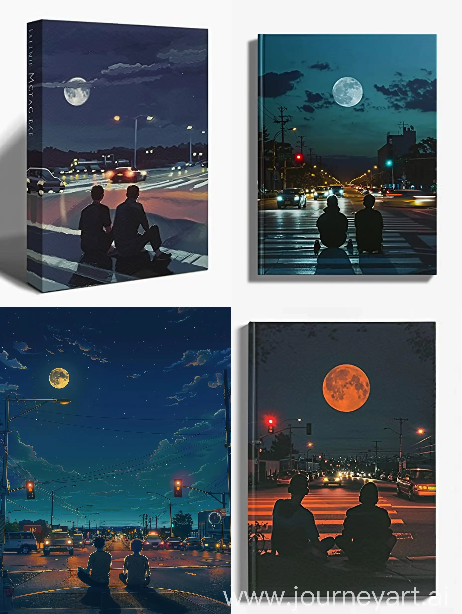 book cover, two figures sat at an intersection at night time, cars driving around them and the moon in the sky