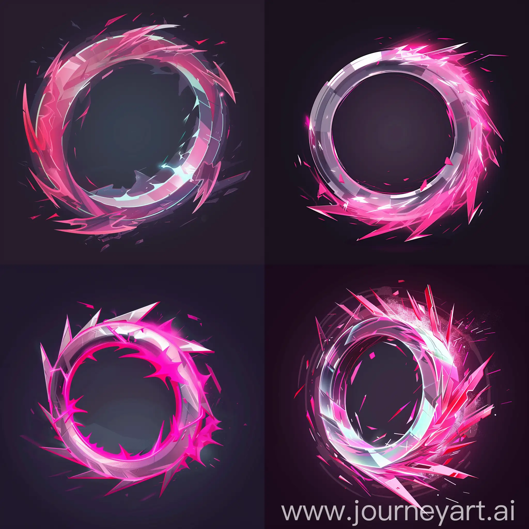 Create an intriguing isometric 2.5D icon for Midjourney, blending elements of sci-fi and cyberpunk with a minimalist and cartoonish aesthetic. The icon should feature a transparent circle with sharp edges, reminiscent of a tornado, but with a futuristic twist. The circle emits a vibrant fuchsia aura, giving it a dynamic and electrifying appearance. This aura embodies a spell-like energy, evoking the ambiance of a sci-fi video game. The background should be dark and mysterious, enhancing the cyberpunk vibe of the scene. Overall, the icon should capture the essence of Midjourney's captivating world, merging fantasy and technology in a visually stunning manner.