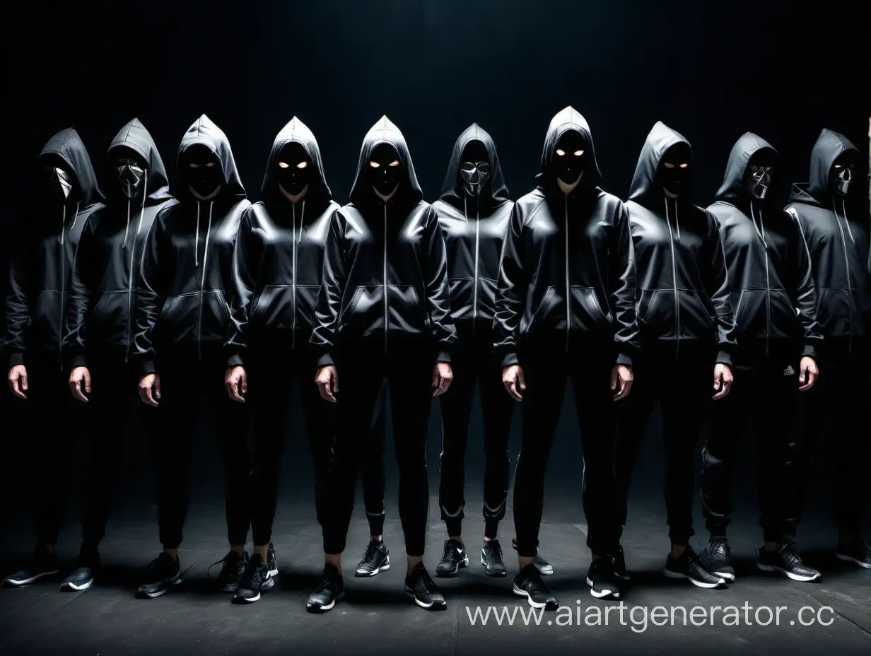 Nine-People-in-Mirrored-Masks-and-Black-Sportswear-in-Darkness