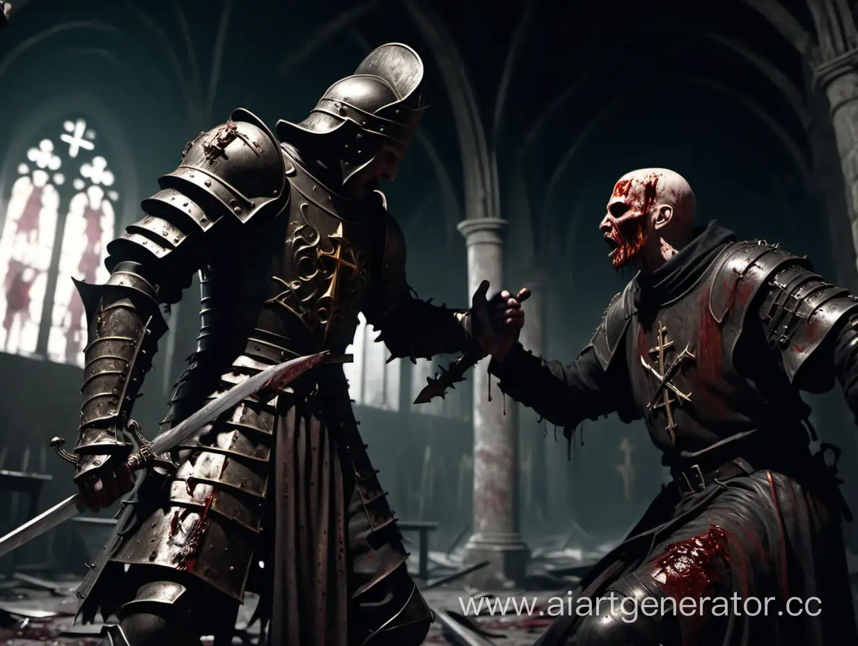 dilapidated dark church, a man in armor with a sword fights with evil bloody priest, 4k, ultra-realistic, high detail