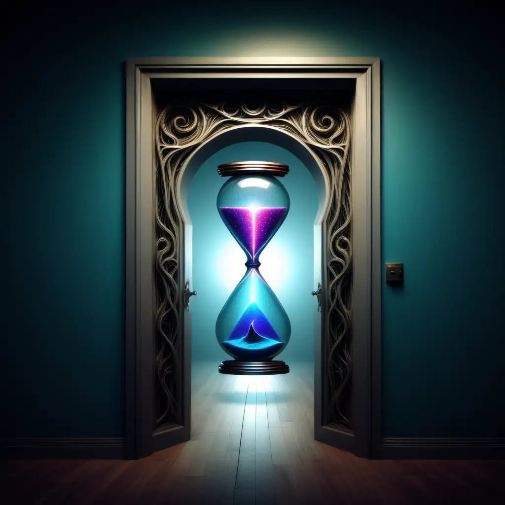 surrealistic laser door motive with an hourglass in the center