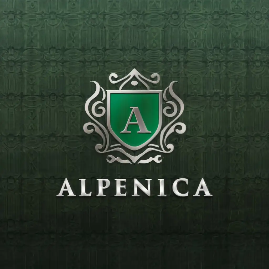a logo design,with the text "Alpenica", main symbol:a mixture of matt dark green and a plain silver crest. The background should be decorated with dark wood, silver and green,complex,clear background