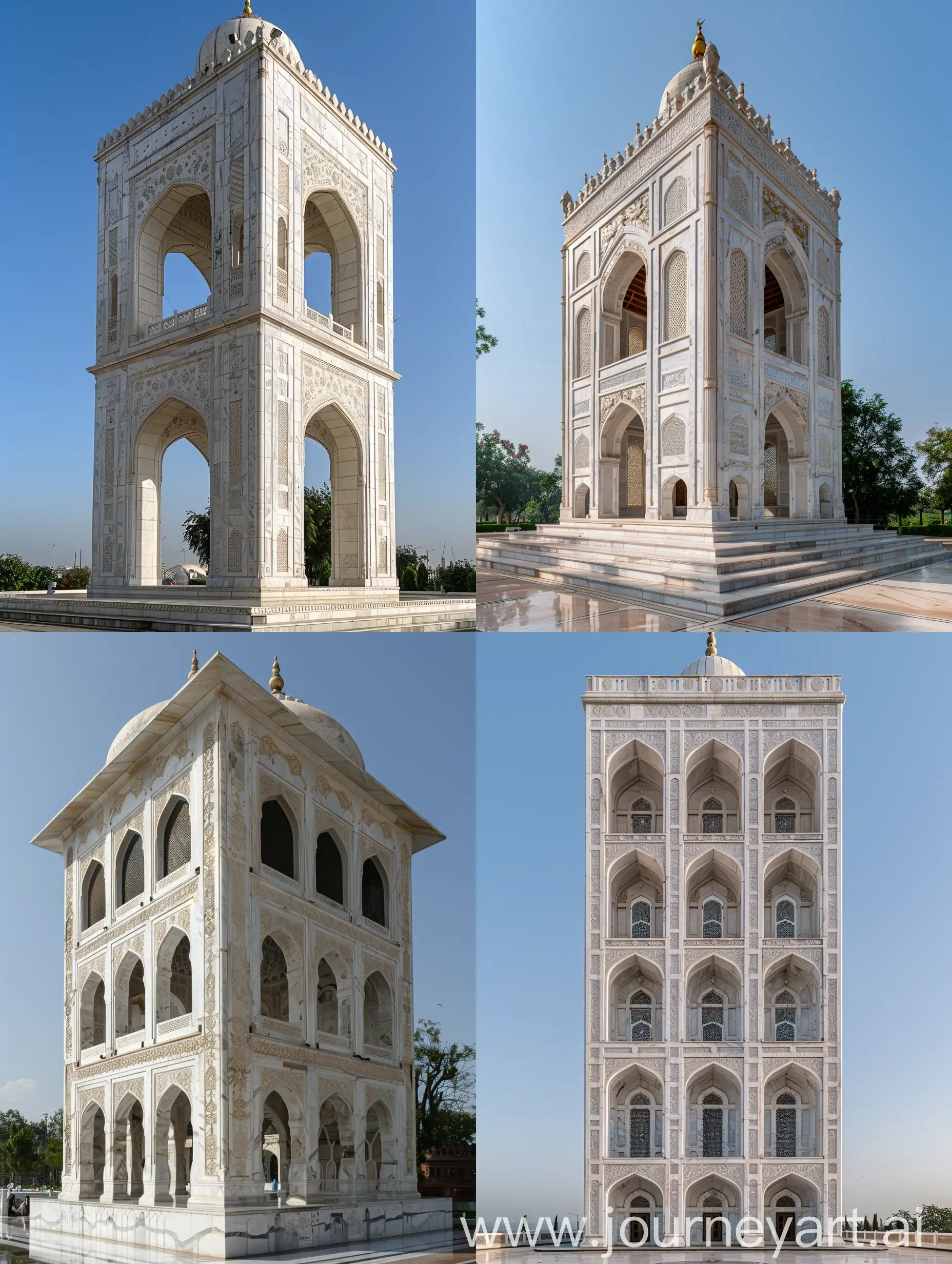 a tall Mughal mosque, having Mughal arches and mughal arched windows, Mughal marble carvings on shiny white marbled exterior, Gurudwara dome at the top, ionic order, full view --ar 3:4 --q 1 --style raw