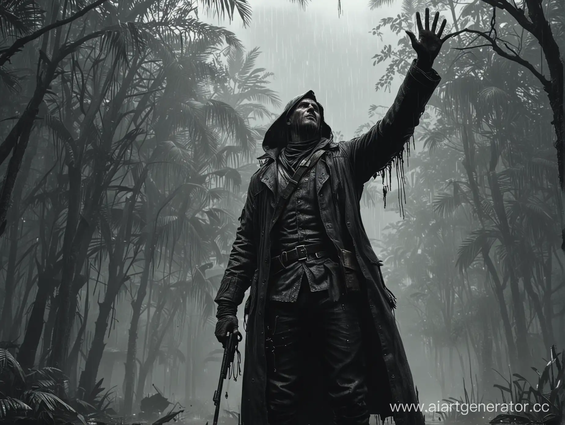 Персонаж hunt showdown в капюшоне стоит боком, поднимает левую руку к небу ладонью вверх и вокруг идет дождь. Персонаж будто скорбит