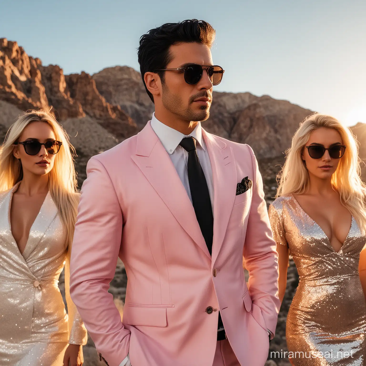 A handsome and elegant man wearing a fancy suit, with black hair and a light beard, wearing sunglasses, with a group of sexy blonde women in a mountainous place like Las Vegas at sunset. I want to focus on the man.