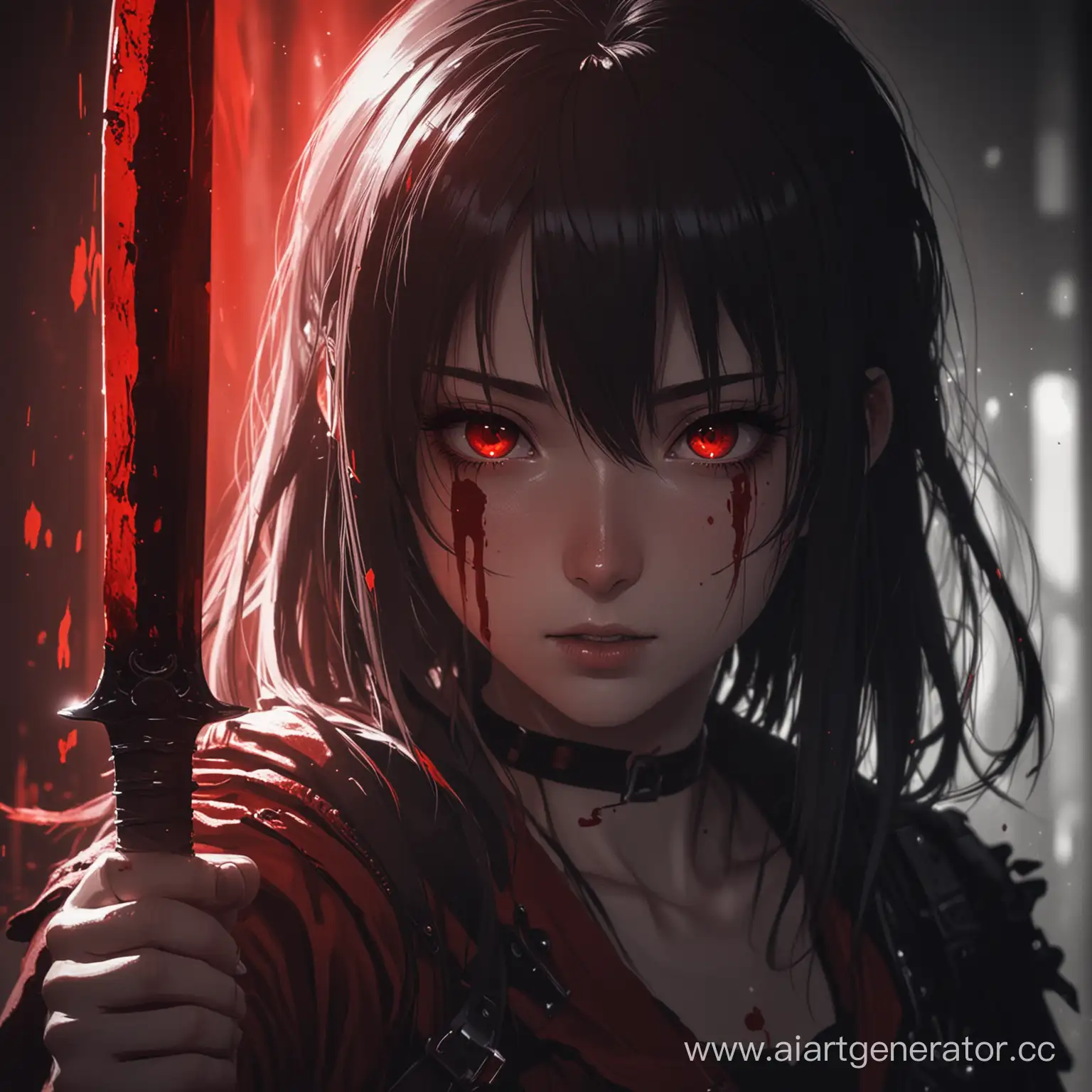 anime girl with blood knife, blood,  a red filter and red rays of light make their way into the darkness, detail light and shadows