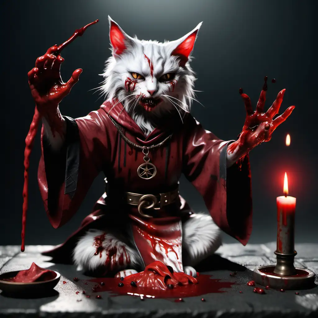 Dark Fantasy Cat Mage Performing Blood Ritual