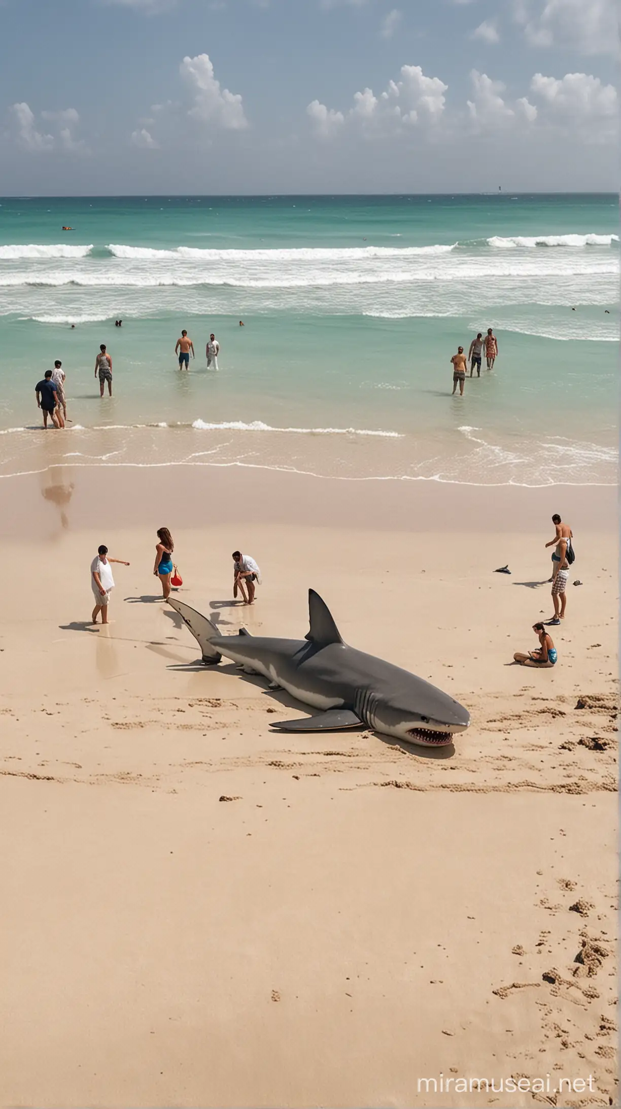 shark stranded on the beach, many people, seen from near