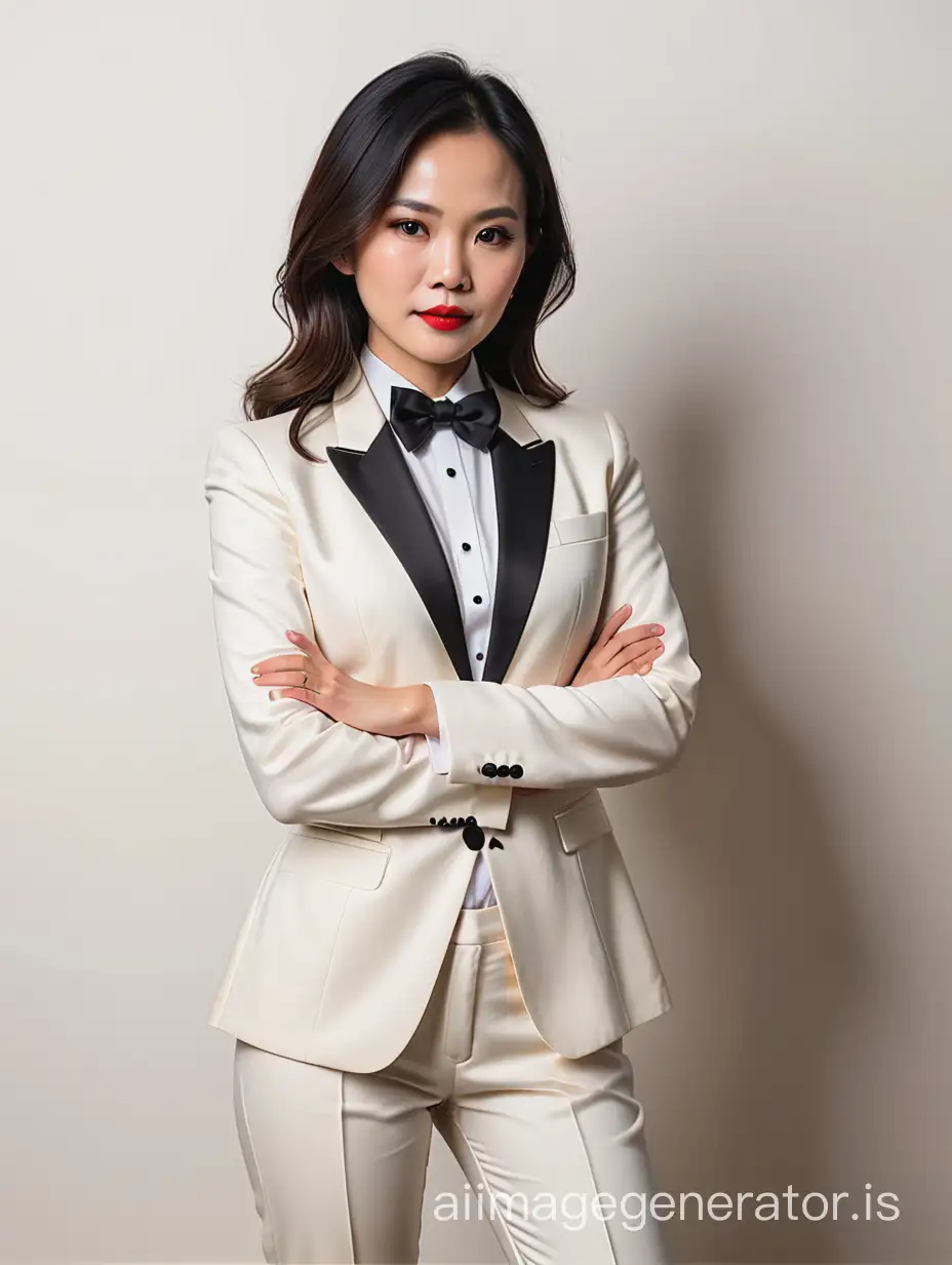 a 40 year old stern vietnamese woman with shoulder length hair and lipstick wearing an ivory tuxedo jacket with a white shirt and a black bow tie, arms crossed.  (Her pants are black)