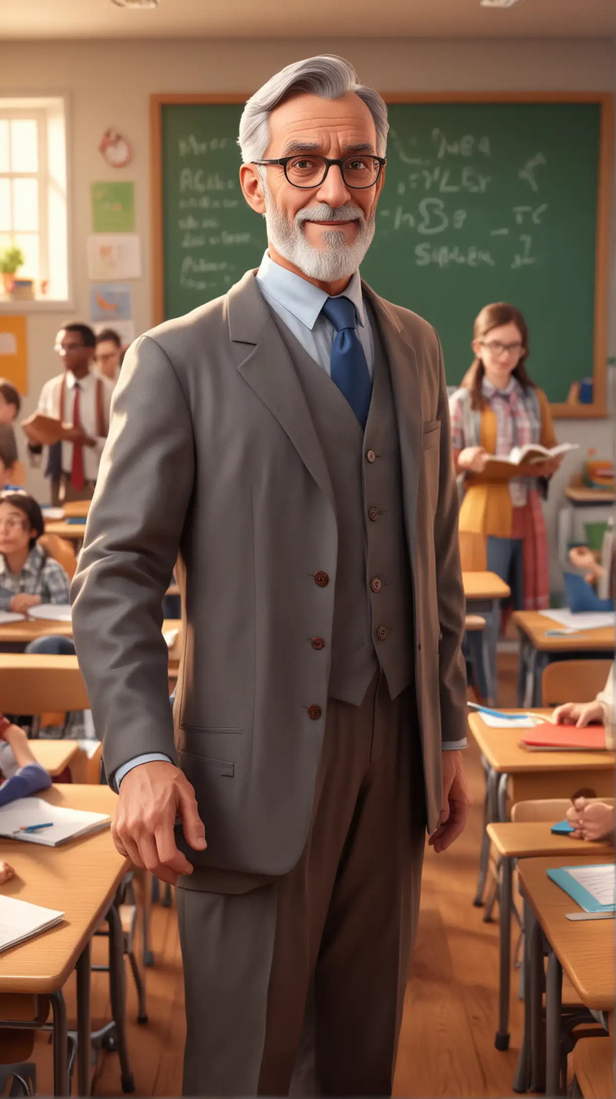 Create a 3D illustrator of an animated scene where a middle aged good looking professor is standing in front of the students in a classroom. Beautiful colourful and spirited background illustrations.