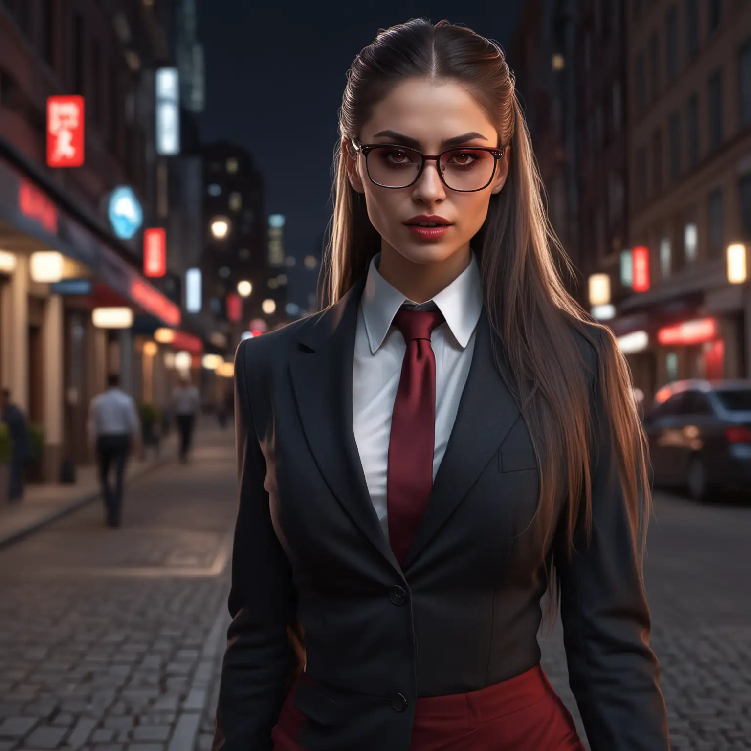 A female Malkavian vampire, long hair, tight ponytail, red glowing eyes, glasses, businesswoman, wearing a suit, long skirt, walking outside on the street at night, realistic