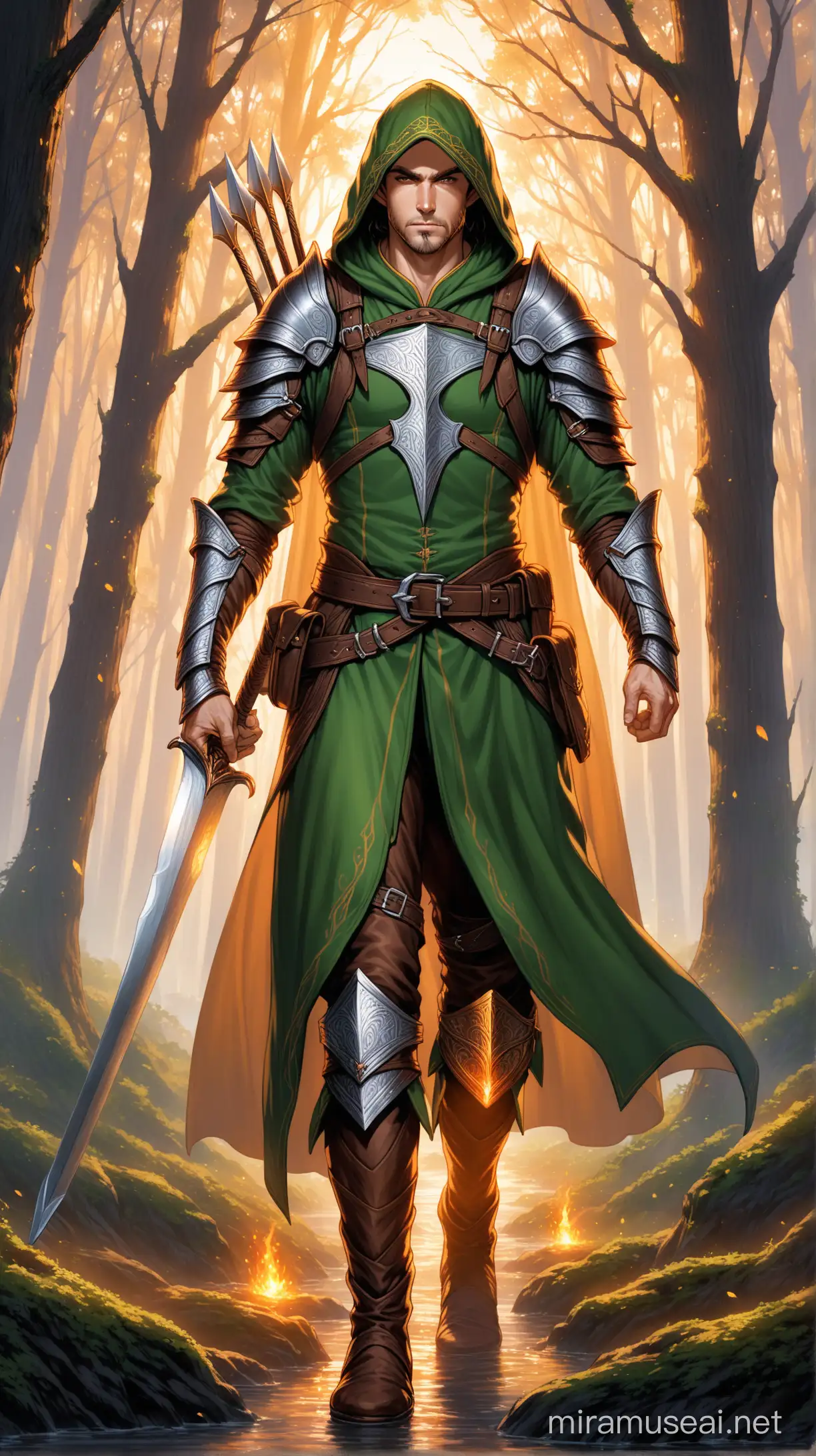 Photorealistic. High resolution. Full body image. As the sun sets over the elven kingdom, a lone figure stands guard. A striking male elf, his middle-aged features enhanced by his high cheekbones and strong jaw. His stubble adds a rugged edge to his otherwise refined appearance. His pointed ears, partially hidden by his hood, hint at his magical abilities. His pale skin and long, dark hair give him an otherworldly aura. His long dark hair is pulled back with a leather headband, revealing his sharp features and amber-colored eyes. He wears a unique set of leather armor, with chainmail peeking out from underneath. The armor is adorned with an array of straps, pouches, and potions, a testament to his preparedness for any danger that may arise. His equipment is a mix of a wizard's, a warrior's, and a thief's, showcasing his diverse skills and abilities. His hooded cloak is pulled up, casting a mysterious shadow over his face, revealing intricate patterns and symbols woven into the fabric. The dark calf-skin leather boots he wears are knee-high, providing both style and functionality. His leather leggings are loose, but tied at the seam, allowing for quick and agile movements as he traverses through the forest. The male elf exudes an air of mystery and danger. As you approach the male elf, you can't help but notice the intricate details of his attire. An elegant longsword hangs in a scabbard at his belt, a weapon of both beauty and power. His hands are empty, but crackling with magical fire, a testament to his mastery of the arcane. Strapped to his thighs are sheaths containing sharp daggers, ready to be drawn at a moment's notice. On his back rests a beautifully crafted longbow, its dark wood contrasting against the silver fittings. A quiver filled with arrows hangs from his shoulder, a testament to his skill and precision in archery. This elf is a force to be reckoned with.