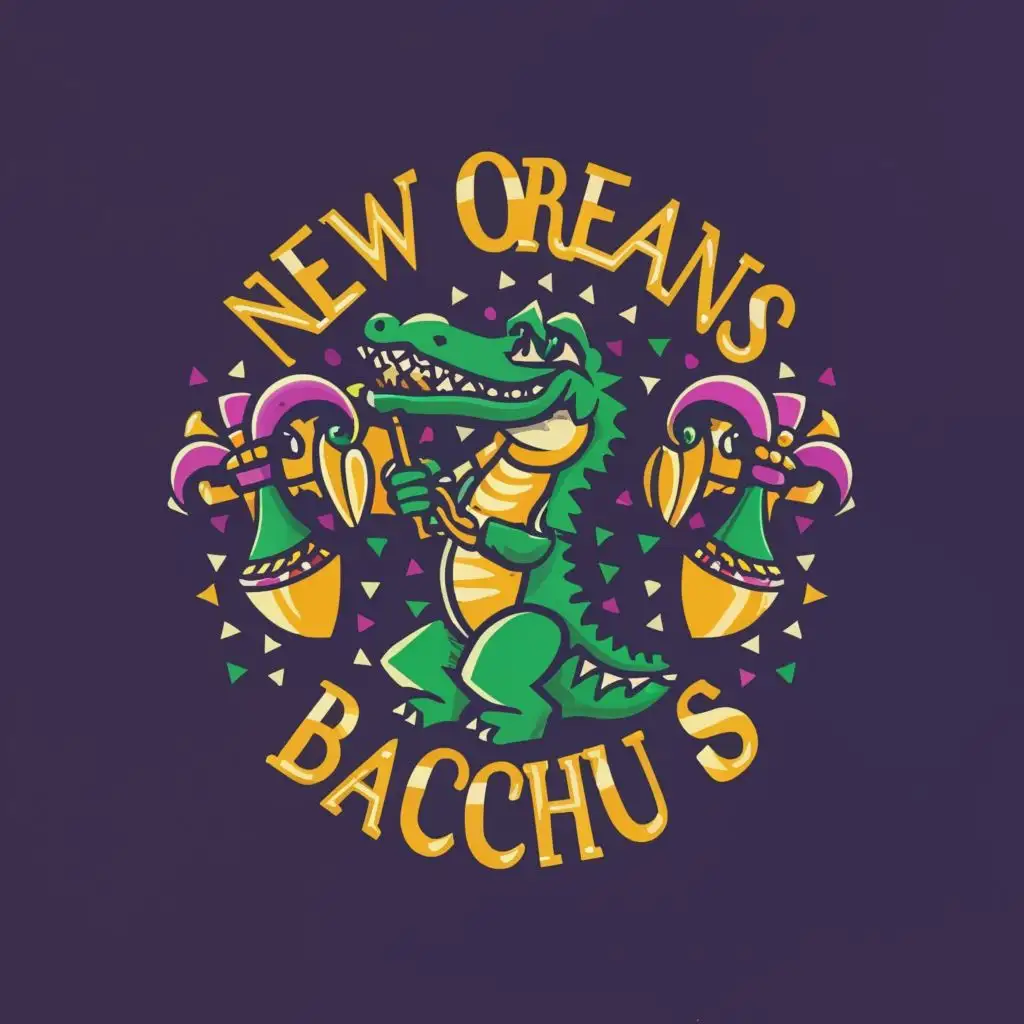 logo, new orleans alligator during mardi gras with beads and trumpet and fleur de lis, with the text "Hail Bacchus", typography