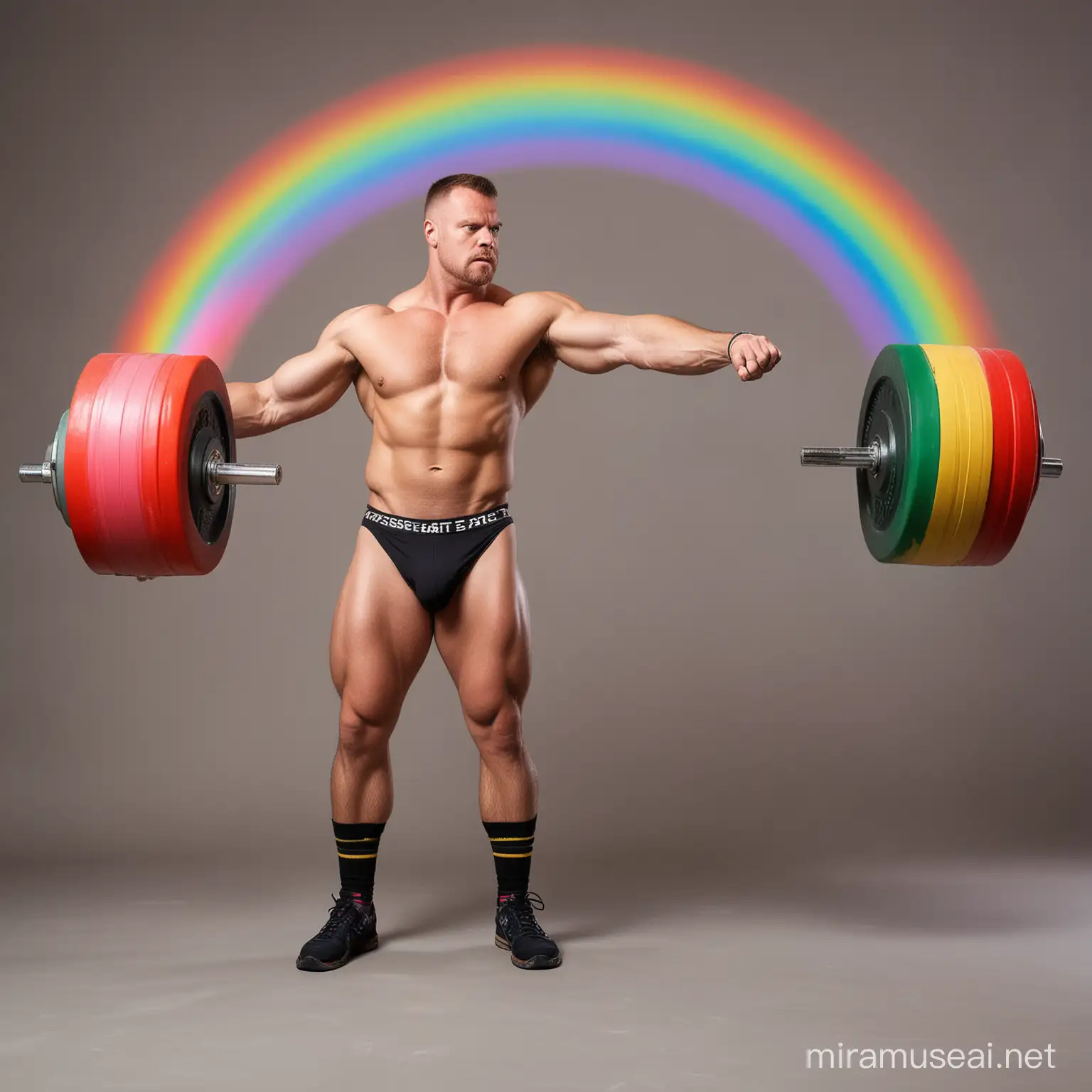 Muscular Man Training with Rainbow Colored Weights in Studio Setting