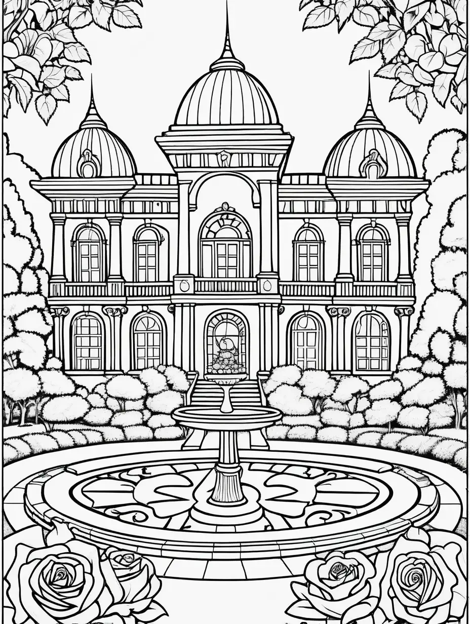 coloring page for kids beautiful palace and rose garden 