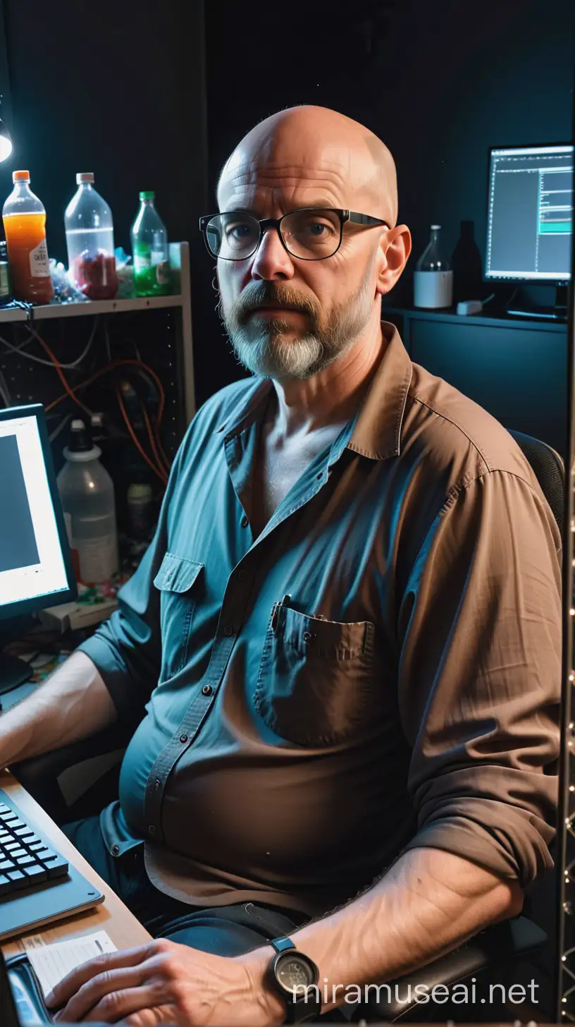 Disheveled Middleaged Man Surrounded by Clutter in Dimly Lit Room