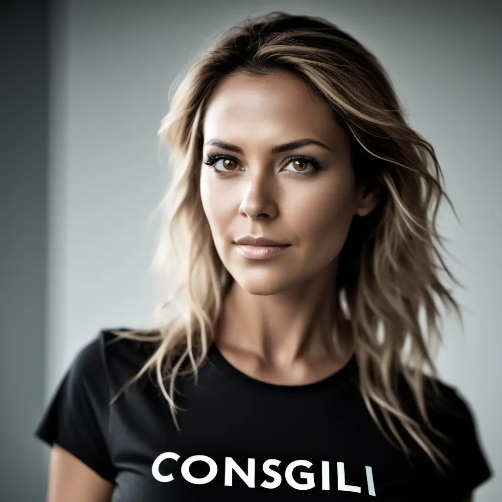 create a realistic picture that looks like a real woman-  a medium shot of medium tanned woman wearing a black t-shirt with the text "CONSIGLI" written in font turns extra light, captured with a Nikon D850 and a Nikon AF-s  NIKKOR 70-200mm f/2.8E FL ED VR lens, lit with high-key lightning to create a soft and ethereal feel, a shallow depth of field. She should have a white robot detail on her cheek. classy, intelligent, 35 years old