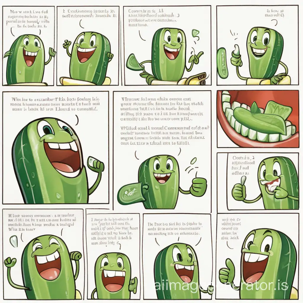 Title: Cucumber's Teeth

Page 1:

Cucumber is a smiling child. His smile makes everyone happy.

Page 2:

Every day, Cucumber diligently brushes his teeth. He knows that healthy teeth make him strong.

Page 3:

One day, Cucumber felt toothache while eating candy. He was sad.

Page 4:

His mother took Cucumber to the dentist. The dentist told Cucumber that he should take better care of his teeth.

Page 5:

Cucumber pays attention to his food and continues to brush his teeth. Cucumber's teeth are getting stronger.

Page 6:

Now, Cucumber keeps smiling cheerfully every day. His friends are happy to see him happy.

Page 7:

Everyone learns that by taking good care of teeth, we can smile confidently.

Page 8:

Cucumber's teeth become an example for his friends. They all want to have a cheerful smile like Cucumber.

Page 9:

With strong teeth, Cucumber can go through his days happily and without pain.

Page 10:

Now, Cucumber and his friends know that taking care of teeth is important. They all want to have a bright and healthy smile like Cucumber.

