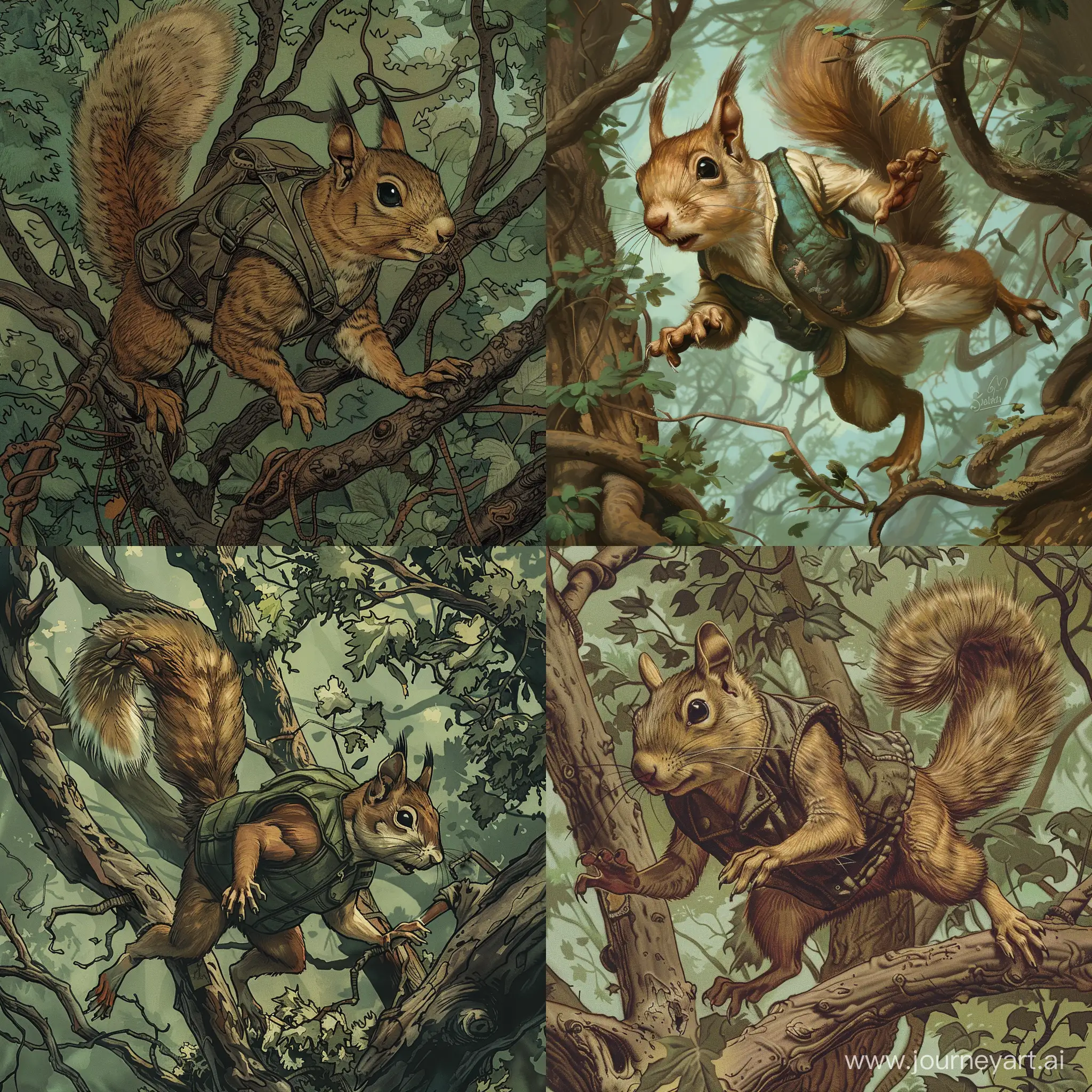 a swift squirrel, Darting through the lush canopy of the Whispering Woods, Sasha leads her companions on a daring chase through the maze of branches and foliage. Her vest blends seamlessly with the earthy tones of the forest, and her agile leaps carry her effortlessly from tree to tree as she scouts ahead for any signs of danger. , 1970's grimdark fantasy style, gritty, detailed
