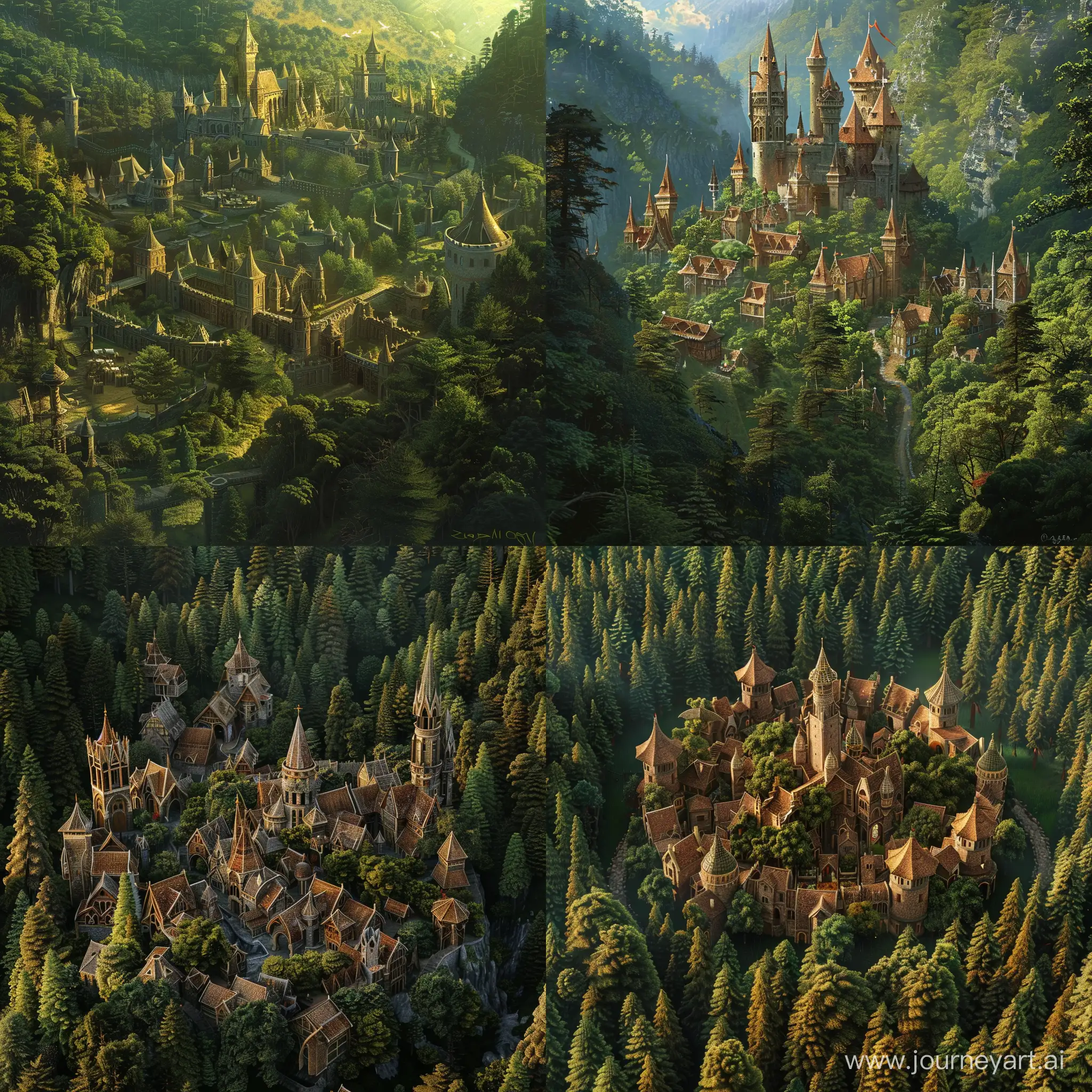 A medieval elven city surrounded by a forest