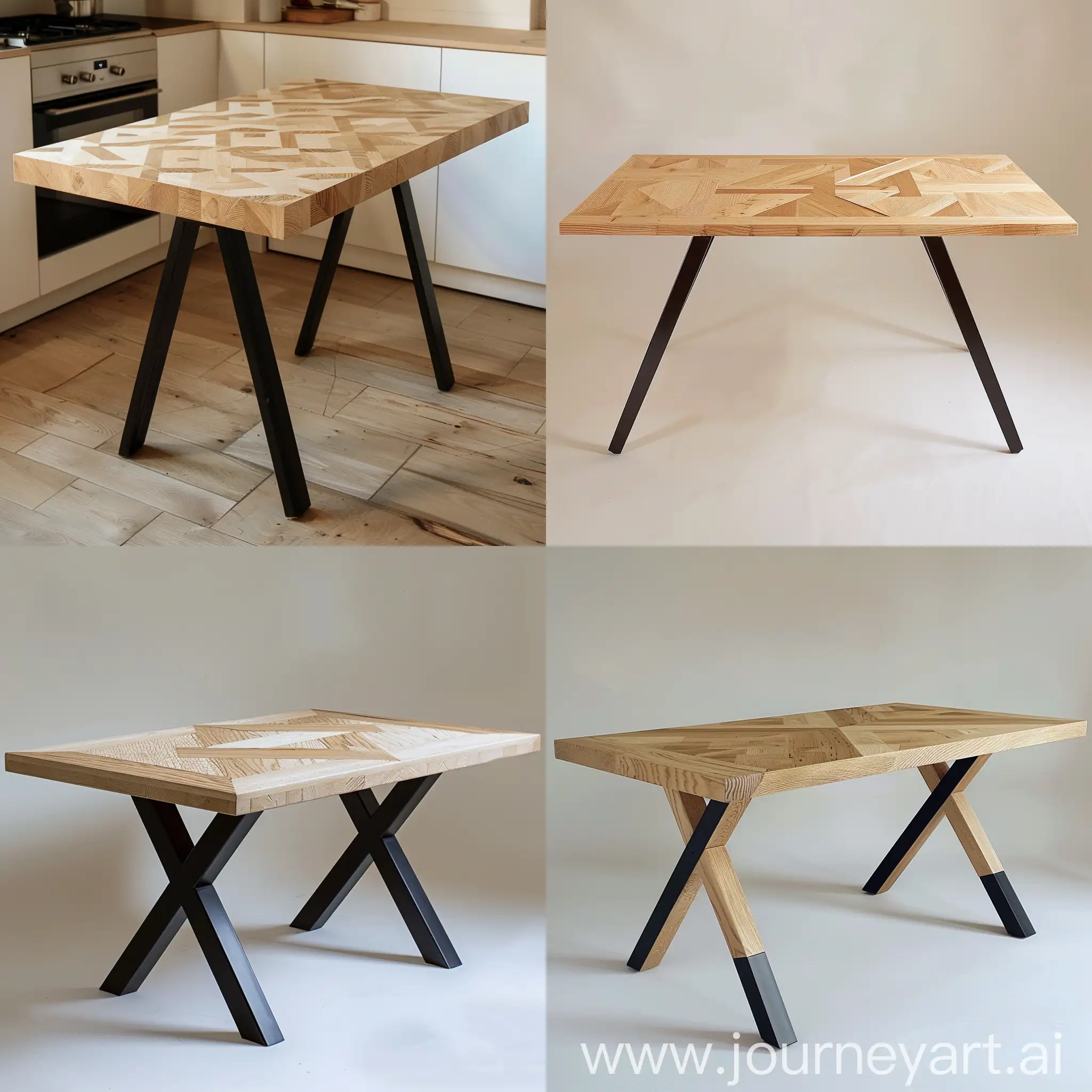 یک میز  چوبی با چوب روشن که طرح حروف zهست  با بک گراند شیری ، پایه های میز مشکی هست و  روی میز هیچ محصولی نیست