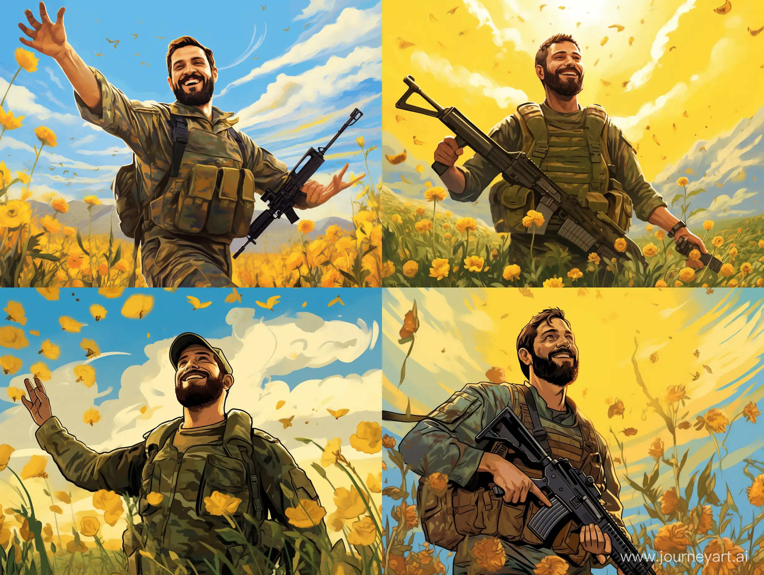 A Hezbollah soldier with a beard, smiling slightly, waving his hand, walking in a field surrounded by yellow roses and a blue sky above him.