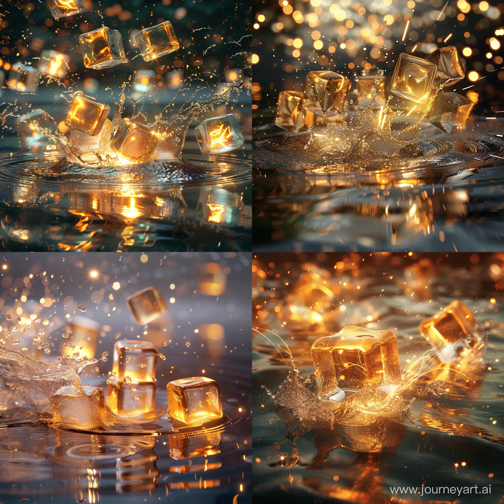 glowing and reflective ice cubes golden color palate dropped on a dynamic reflective water surface creating water currents and sparks
   