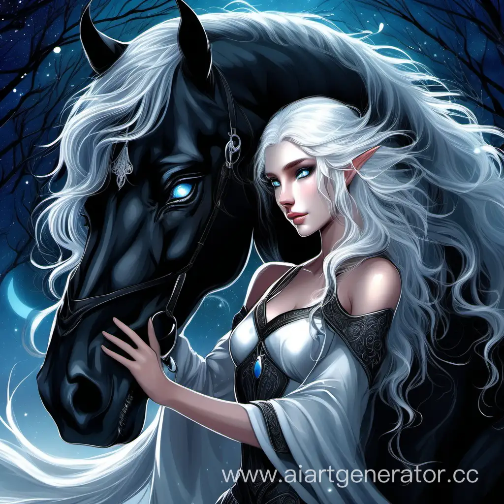 Enchanting-Night-Scene-Elf-Girl-Embracing-Majestic-Black-Stallion-with-Blue-Eyes