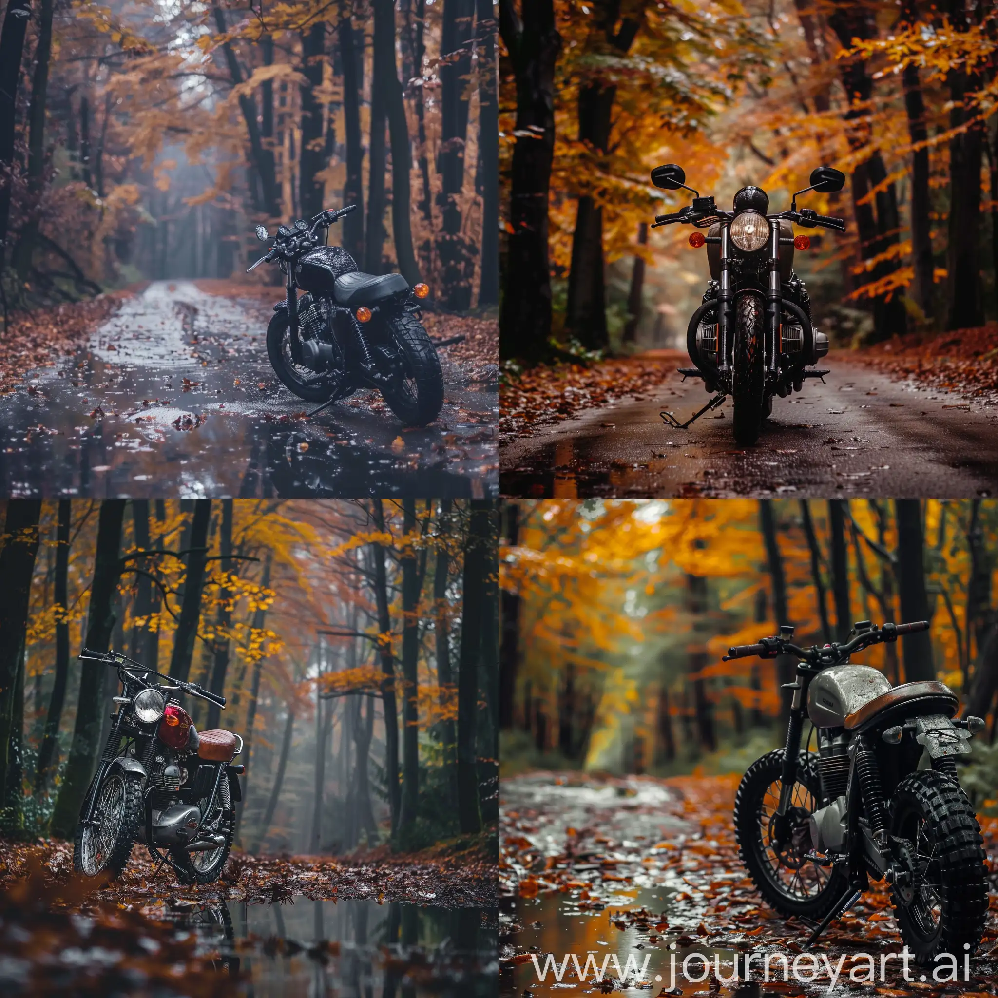 motorcycle, autumn, forest, love, rain