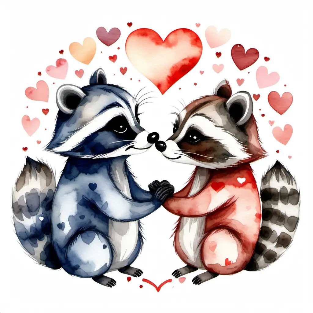 watercolor style, two raccoons touching noses with hearts around them on a white background.