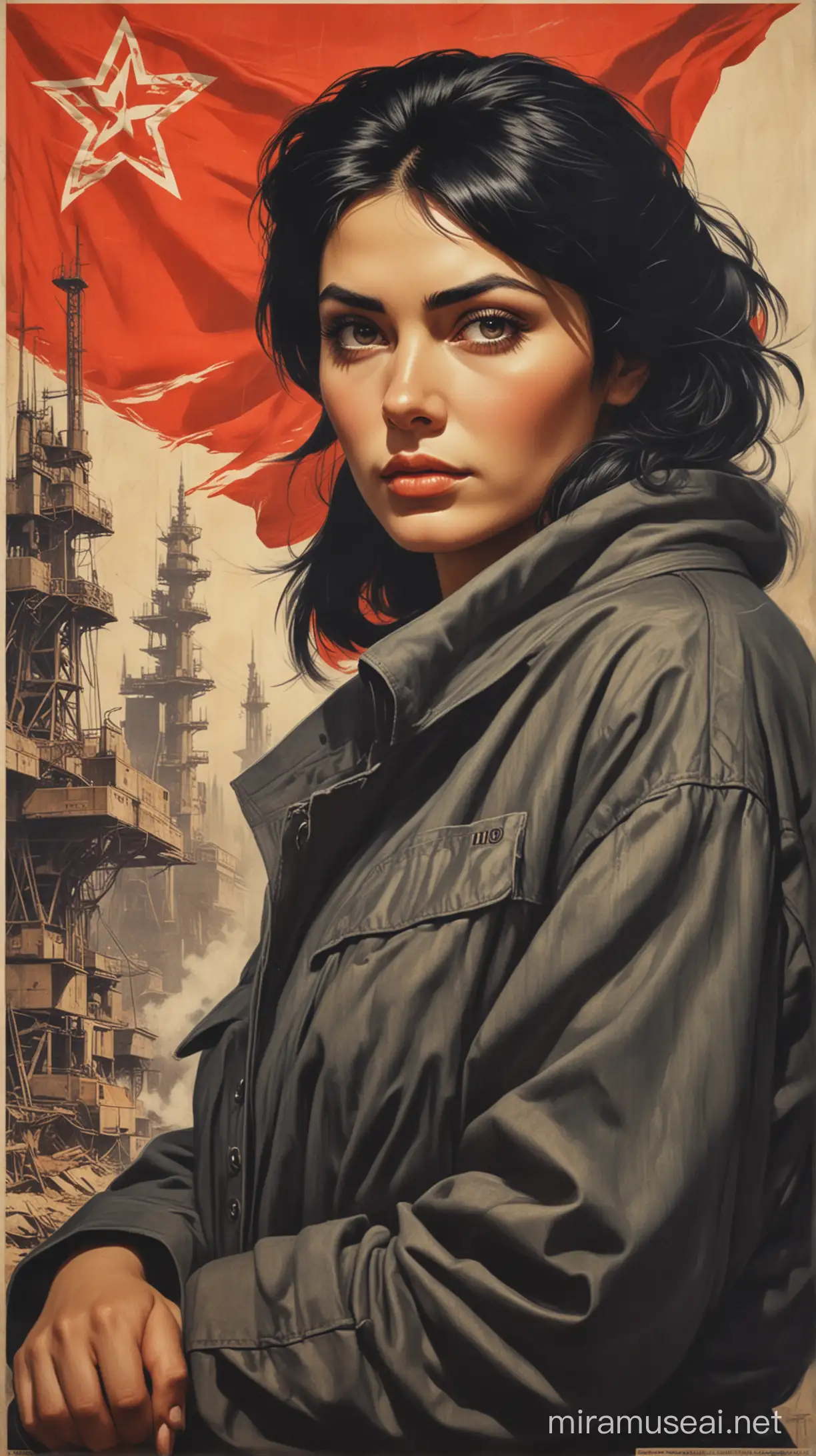 soviet retro poster, portrait of working class woman with black hair and thick eyebrows, oversized clothes, looking for the hope and freedom, hi-tech, soviet cyberpank, noise effect, soviet retro poster  