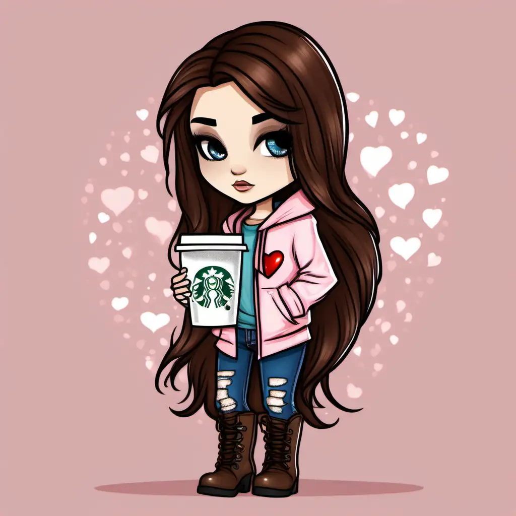 digital chibi sassy caucasian woman with long straight brown hair, she is wearing a light pink hoodie with one red heart in the middle, and ripped blue jeans with brown healed boots, she is holding a sparkly starbucks coffee cup