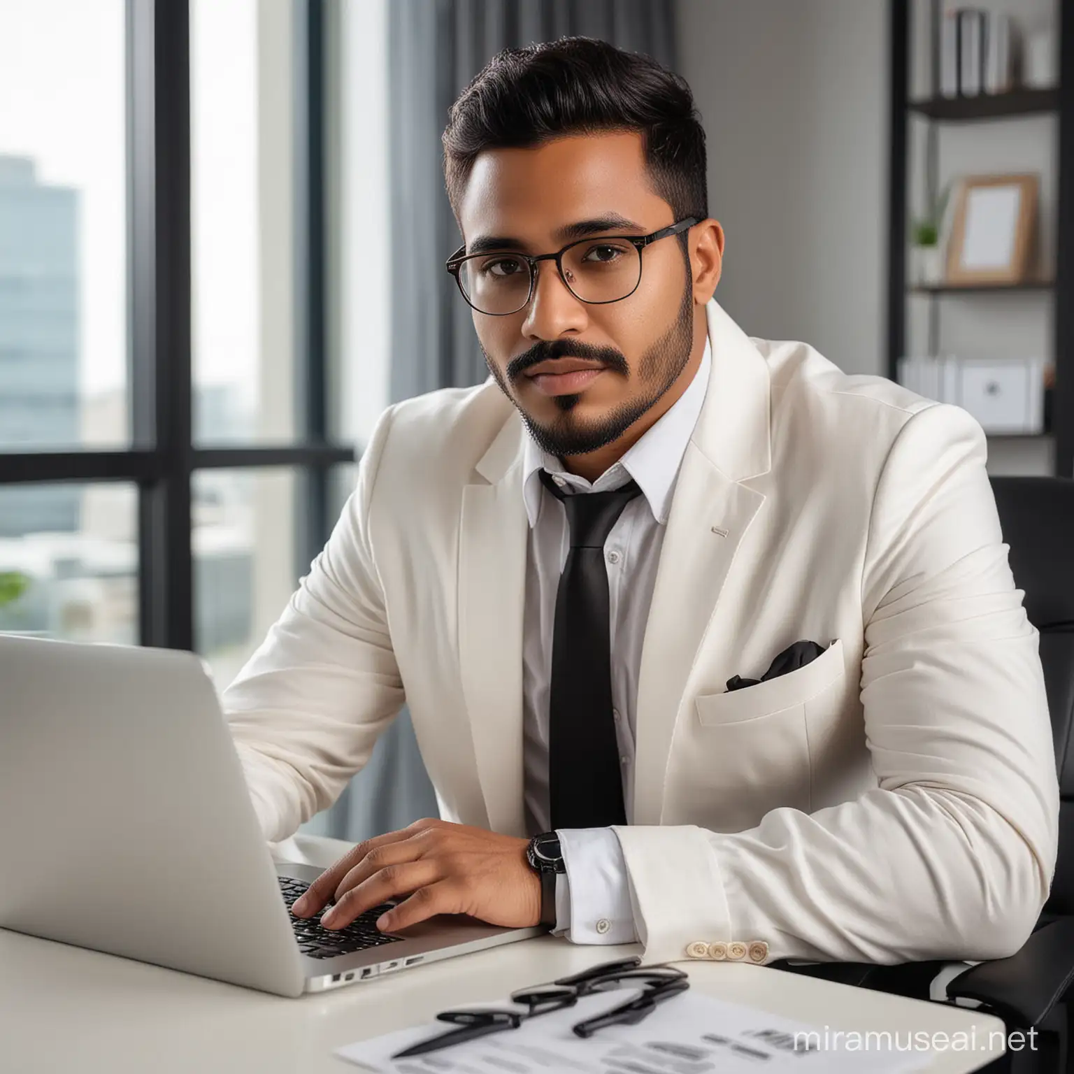 A brown coloured man with 85 kg with mustache and wearing white blazer and black shirt sitting on office table with modern background and open window and a laptop in side. And wearing profesional specs like business man and with a little curl hairstyle.