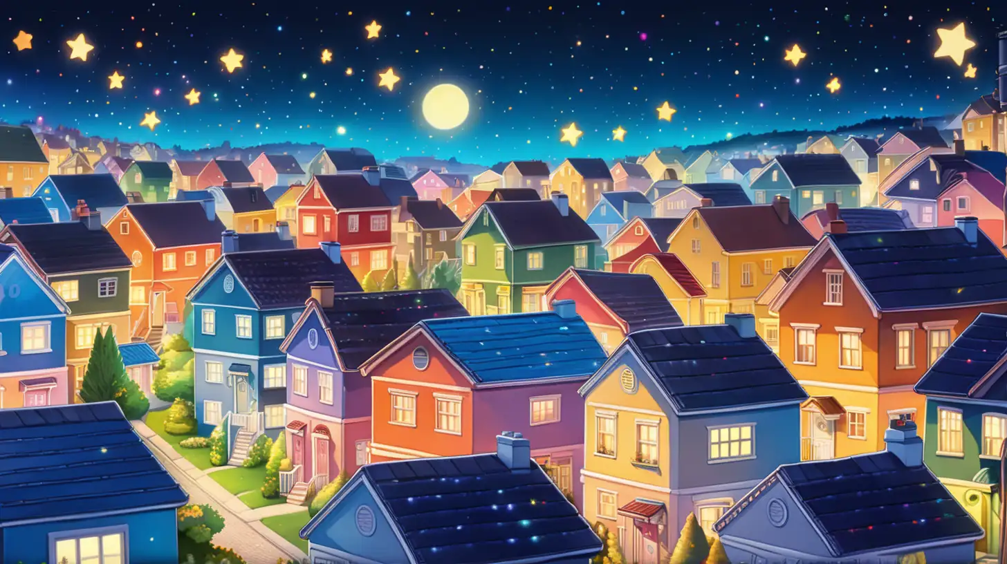 in bright colorful cartoon style, an image of the In cartoon anime style, a neighborhood full of colorful houses at night, with bright shining stars in the sky
