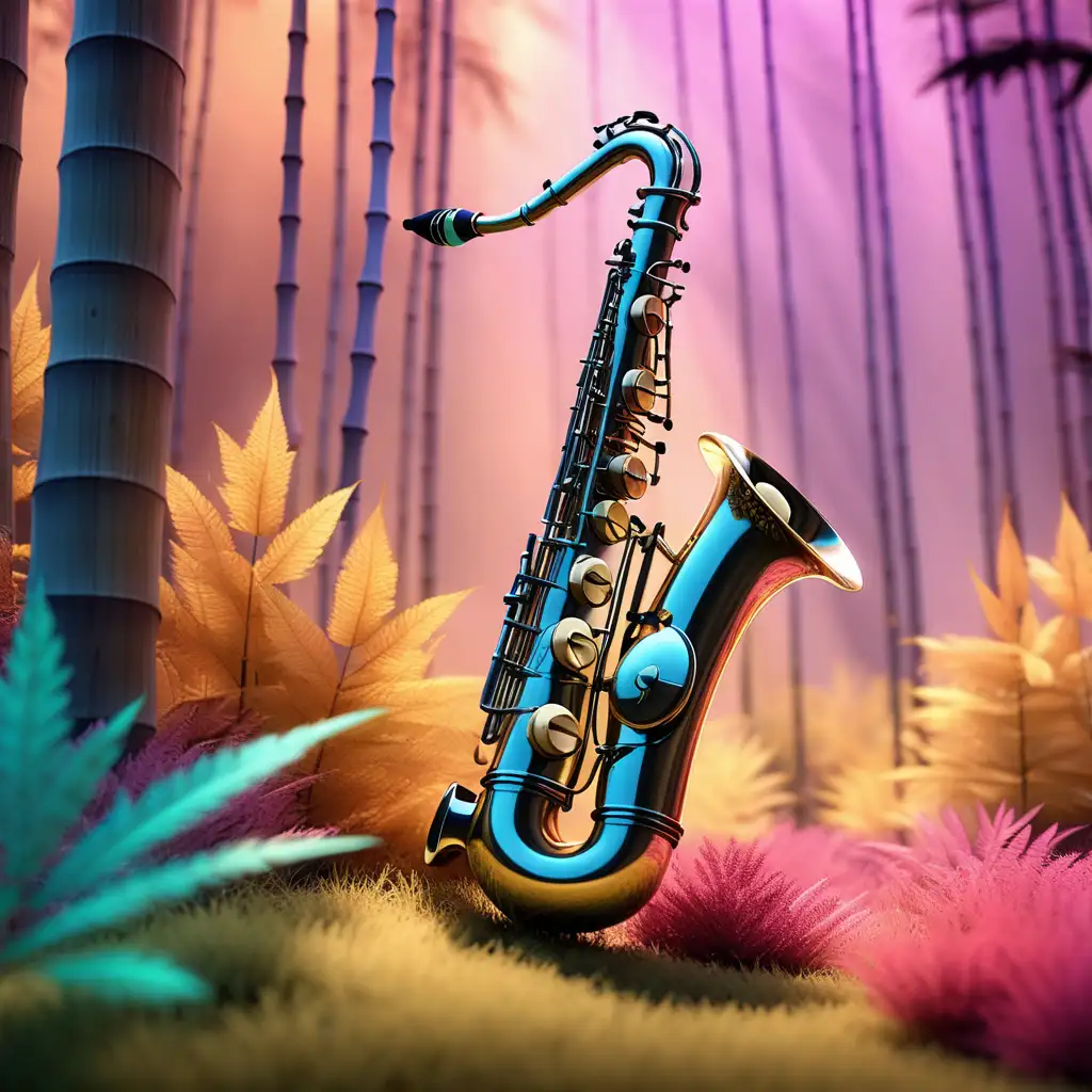 Enchanting DisneyInspired Saxophone Amidst Vibrant Forests and Liquid Mystique