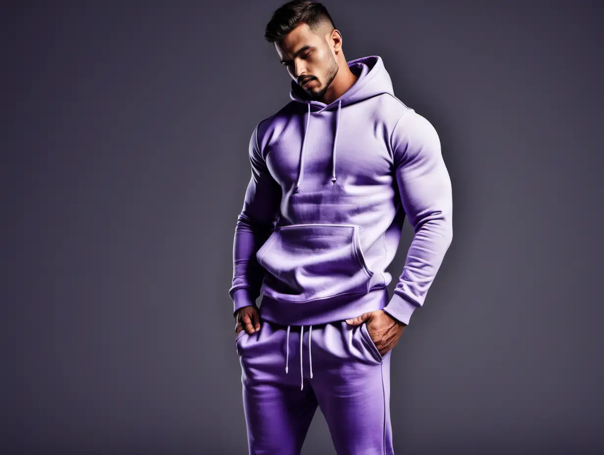 Fit Man in Lavender Sweat Pants and Hoodie Exuding Strength and Style