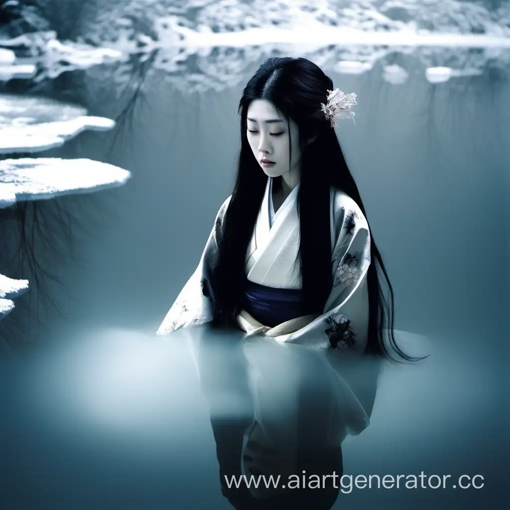 Япония, средние века. Горное озеро с ледяной водой. На дне лежит утопленница - девушка лет 17, её хорошо видно сквозь прозрачную воду. Прекрасное лицо, глаза закрыты, длинные чёрные волосы разметались вокруг головы, одета в простое белое кимоно. Трагизм, смерть, эстетика.